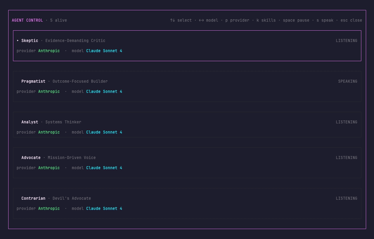 Forge Agent Control panel showing per-agent model swap and pause toggles.