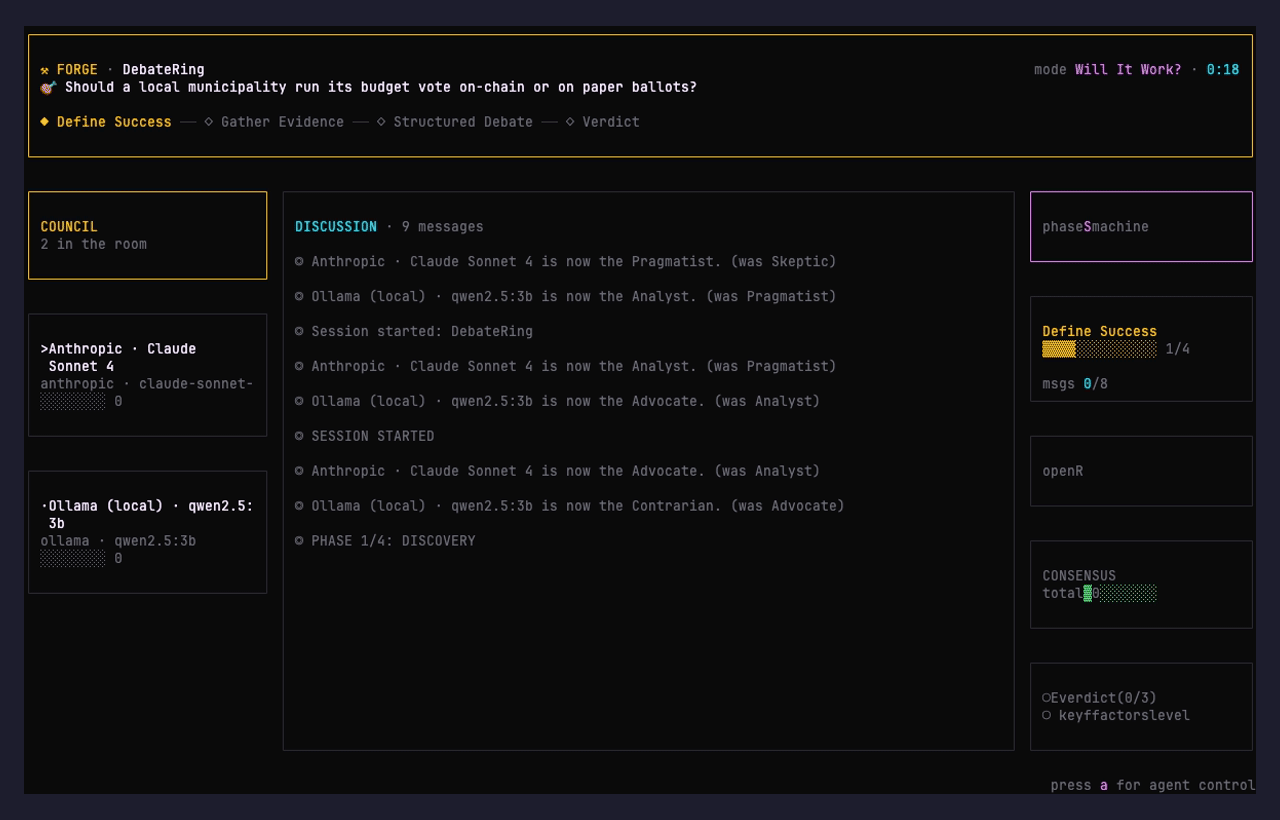 forge debate · cross-provider agents with rotating roles
